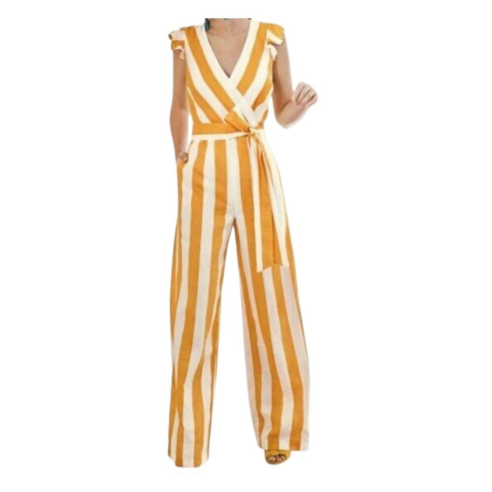Boden Mila Orange Stripe Womens Linen Wrap Bodice Wide Leg Jumpsuit Size 4P